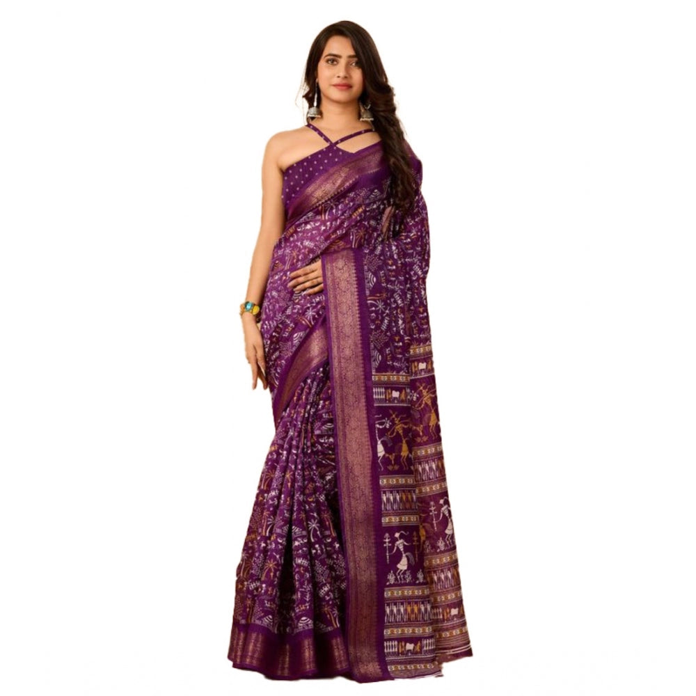 Clasymist Women's Dola Silk Printed Saree With Unstitched Blouse (Violet, 5-5 Mtrs)