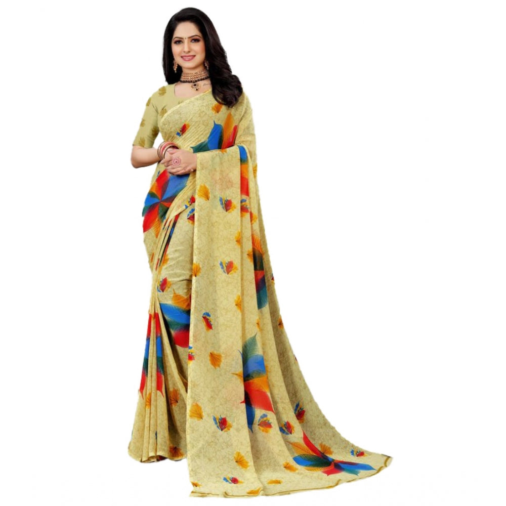 Clasymist Women's Georgette Printed Saree With Unstitched Blouse (Mustard, 5-5 Mtrs)