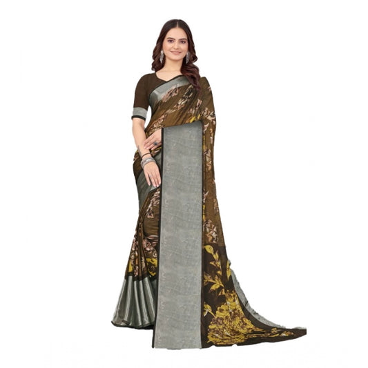 Clasymist Women's Chiffon Printed Saree With Unstitched Blouse (Brown, 5-5 Mtrs)