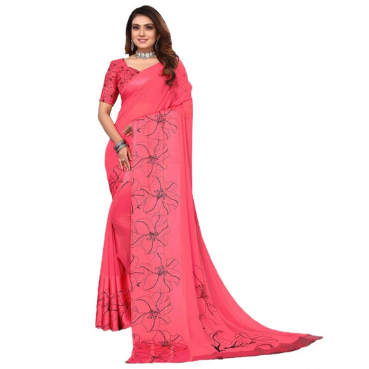 Clasymist Women's Sattin Patta Printed Saree With Unstitched Blouse (Pink, 5-5 Mtrs)