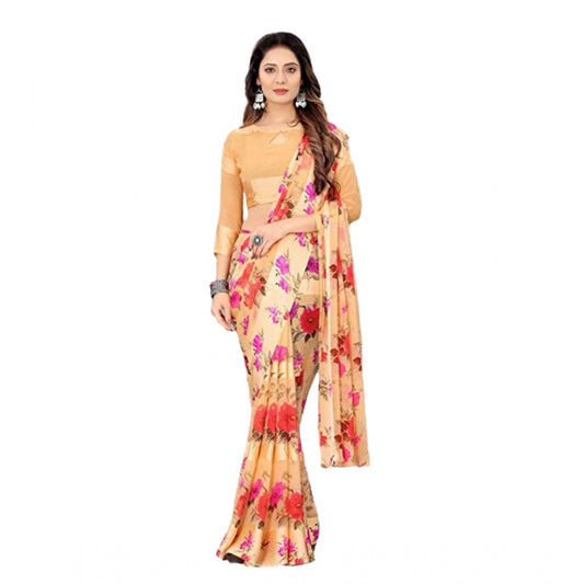 Clasymist Women's Sattin Patta Printed Saree With Unstitched Blouse (Beige, 5-5 Mtrs)