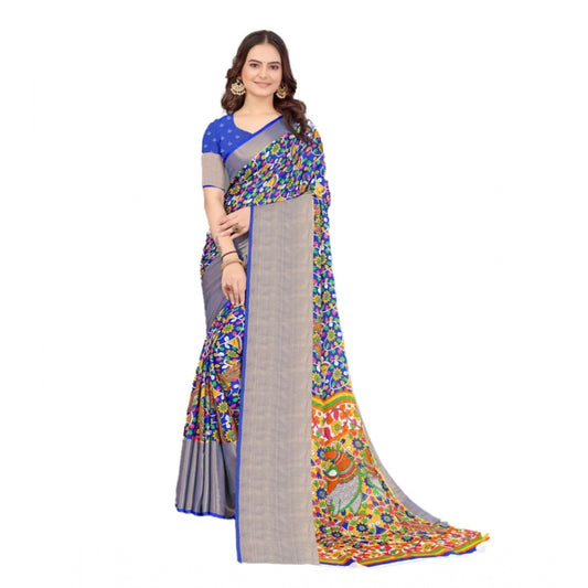 Clasymist Women's Chiffon Printed Saree With Unstitched Blouse (Blue, 5-5 Mtrs)