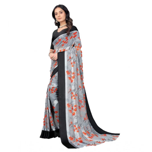 Clasymist Women's Sattin Patta Printed Saree With Unstitched Blouse (Grey, 5-5 Mtrs)