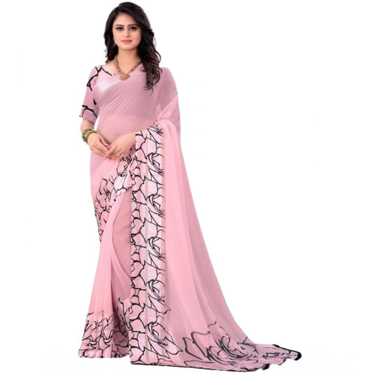 Clasymist Women's Sattin Patta Printed Saree With Unstitched Blouse (Pink, 5-5 Mtrs)