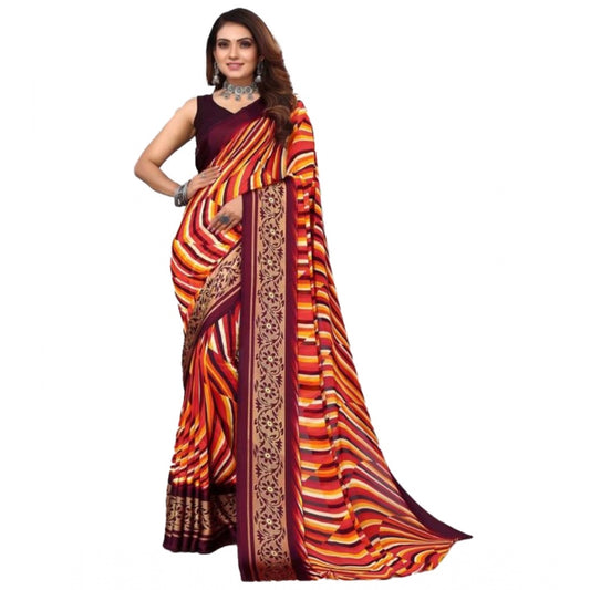 Clasymist Women's Sattin Patta Printed Saree With Unstitched Blouse (Maroon, 5-5 Mtrs)