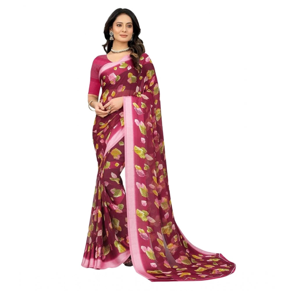 Clasymist Women's Sattin Patta Printed Saree With Unstitched Blouse (Maroon, 5-5 Mtrs)