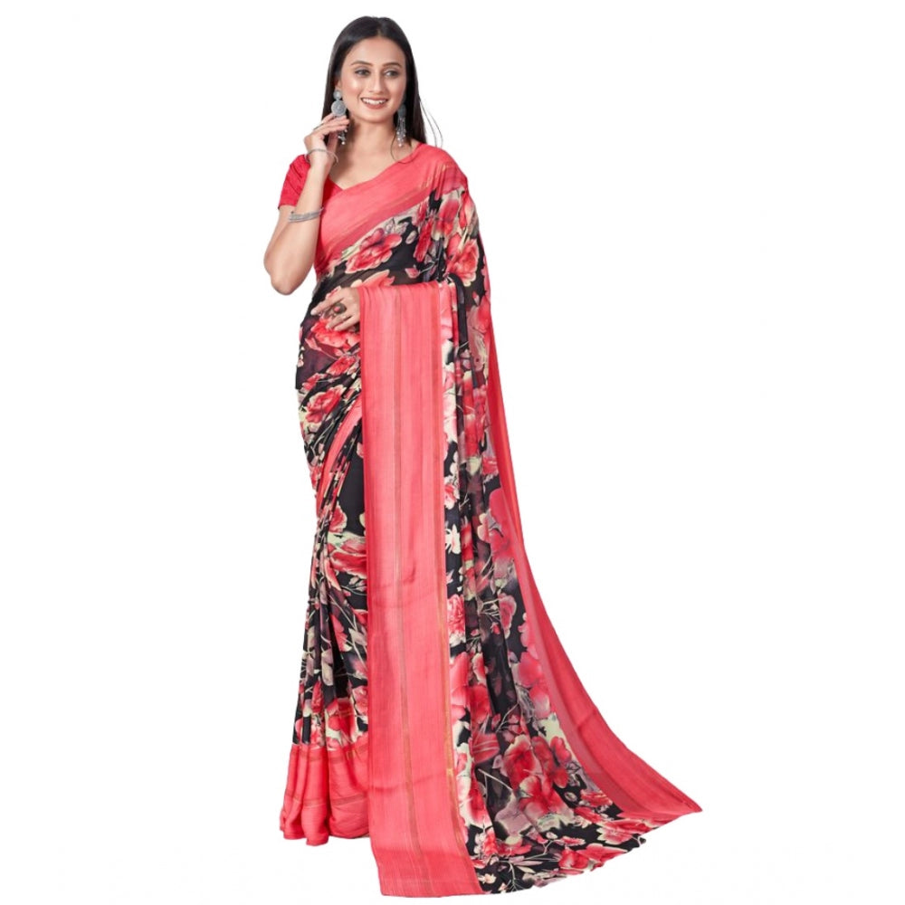 Clasymist Women's Sattin Patta Printed Saree With Unstitched Blouse (Red, 5-5 Mtrs)