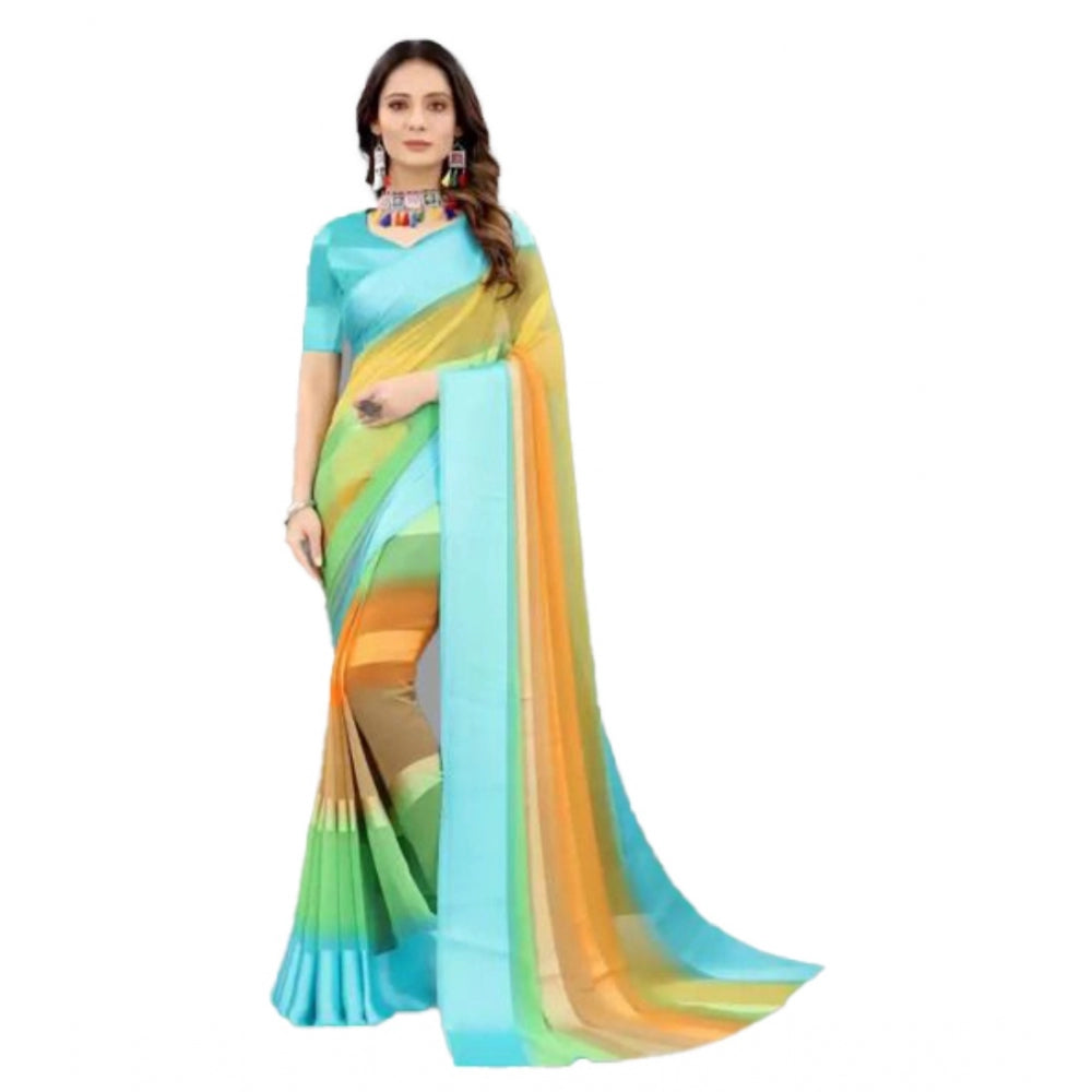 Clasymist Women's Sattin Patta Striped Saree With Unstitched Blouse (Blue, 5-5 Mtrs)