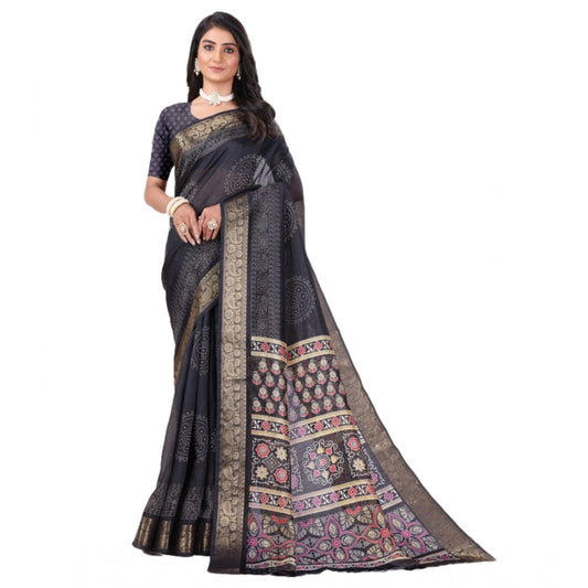 Clasymist Women's Cotton Printed Saree With Unstitched Blouse (Black, 5-5 Mtrs)