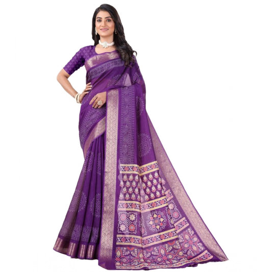 Clasymist Women's Cotton Printed Saree With Unstitched Blouse (Violet, 5-5 Mtrs)