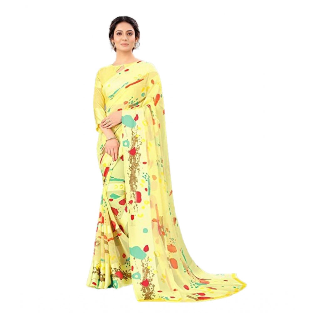 Clasymist Women's Sattin Patta Printed Saree With Unstitched Blouse (Yellow, 5-5 Mtrs)