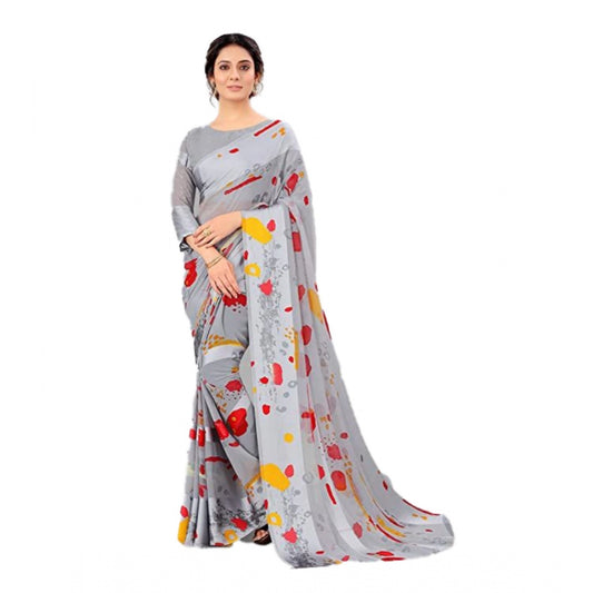 Clasymist Women's Sattin Patta Printed Saree With Unstitched Blouse (Grey, 5-5 Mtrs)