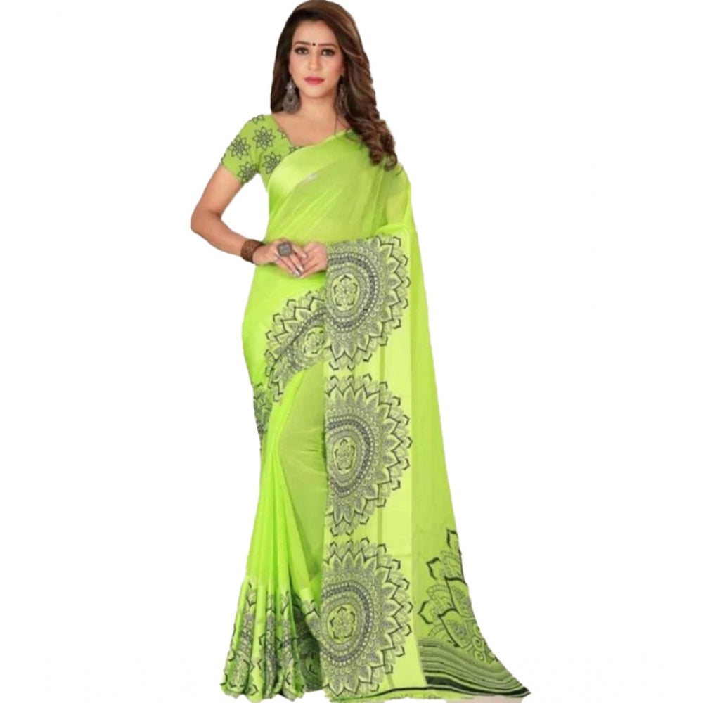 Clasymist Women's Sattin Patta Printed Saree With Unstitched Blouse (Green, 5-5 Mtrs)