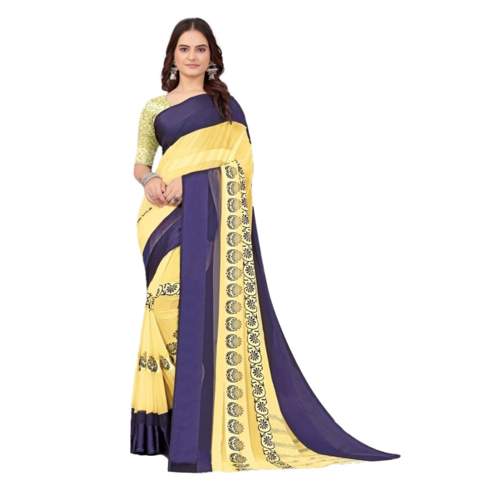 Clasymist Women's Sattin Patta Printed Saree With Unstitched Blouse (Yellow, 5-5 Mtrs)