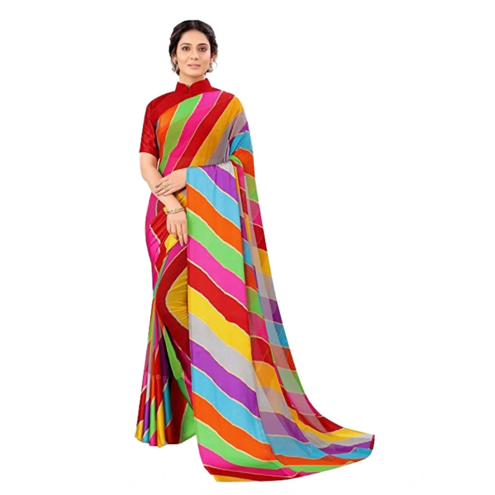 Clasymist Women's Sattin Patta Striped Saree With Unstitched Blouse (Red, 5-5 Mtrs)