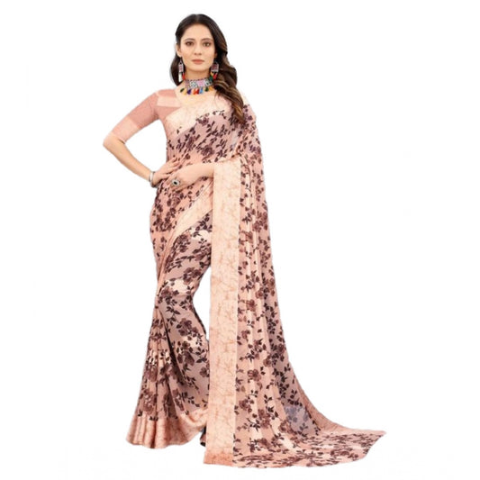 Clasymist Women's Sattin Patta Printed Saree With Unstitched Blouse (Brown, 5-5 Mtrs)