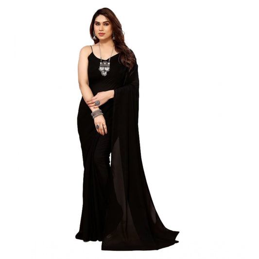 Clasymist Women's Georgette Solid Saree With Unstitched Blouse (Black, 5-5 Mtrs)