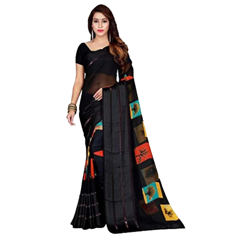 Clasymist Women's Sattin Patta Printed Saree With Unstitched Blouse (Black, 5-5 Mtrs)