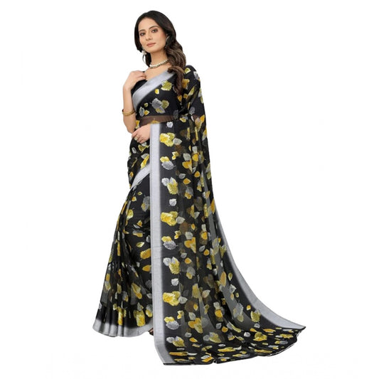 Clasymist Women's Sattin Patta Printed Saree With Unstitched Blouse (Black, 5-5 Mtrs)