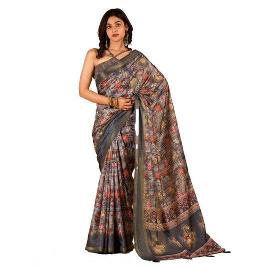 Clasymist Women's Digital Printed Saree With Unstitched Blouse (Grey, 5-5 Mtrs)