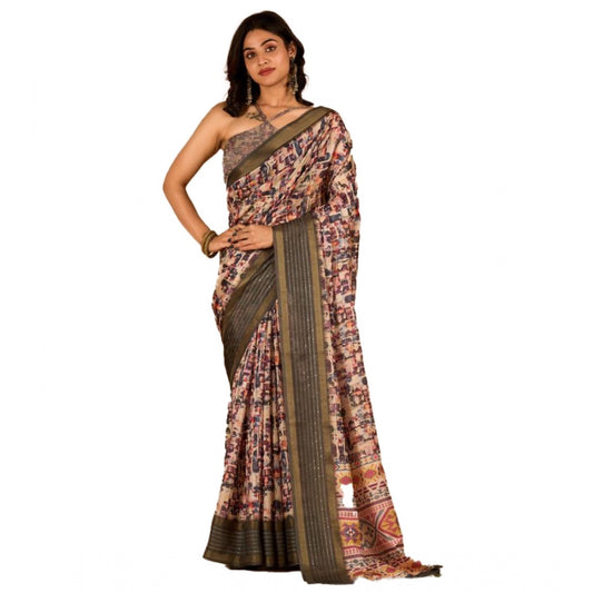 Clasymist Women's Digital Printed Saree With Unstitched Blouse (Beige, 5-5 Mtrs)