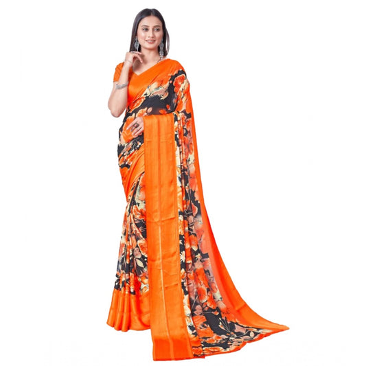 Clasymist Women's Sattin Patta Printed Saree With Unstitched Blouse (Orange, 5-5 Mtrs)