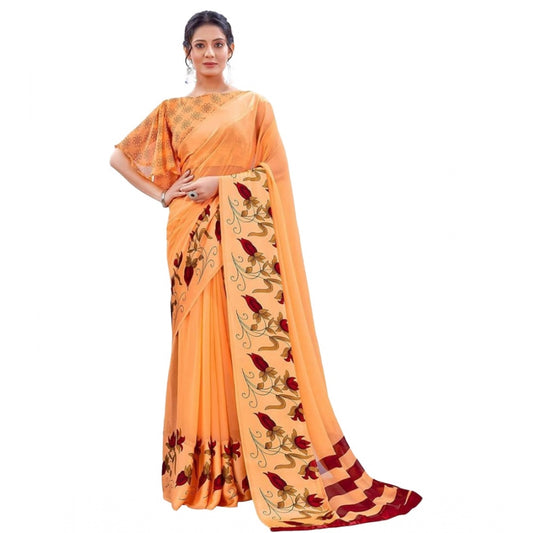 Clasymist Women's Sattin Patta Printed Saree With Unstitched Blouse (Orange, 5-5 Mtrs)