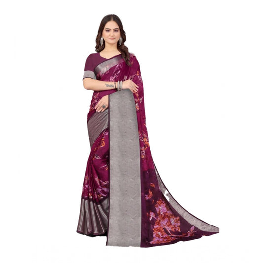 Clasymist Women's Chiffon Printed Saree With Unstitched Blouse (Purple, 5-5 Mtrs)