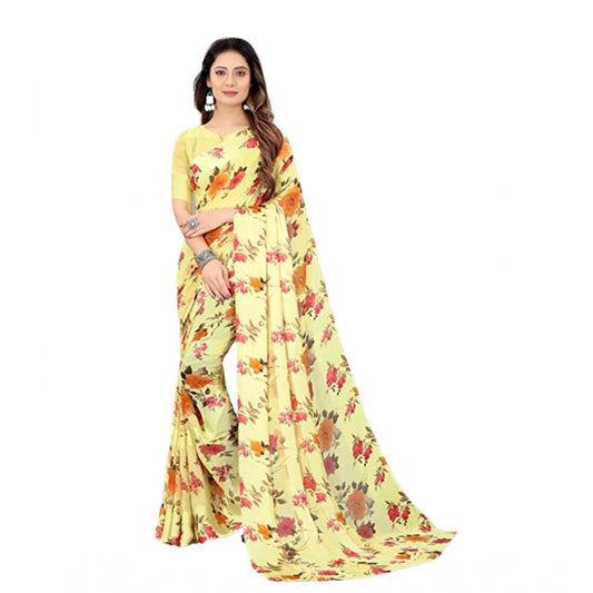 Clasymist Women's Sattin Patta Printed Saree With Unstitched Blouse (Yellow, 5-5 Mtrs)