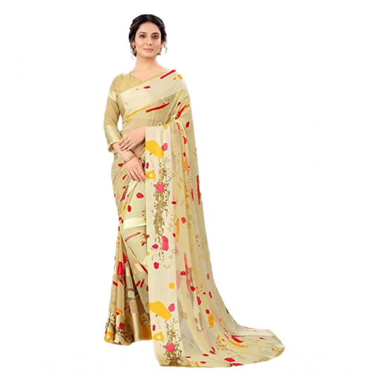 Clasymist Women's Sattin Patta Printed Saree With Unstitched Blouse (Cream, 5-5 Mtrs)