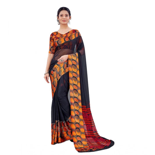 Clasymist Women's Sattin Patta Printed Saree With Unstitched Blouse (Black, 5-5 Mtrs)