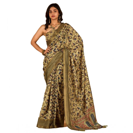 Clasymist Women's Digital Printed Saree With Unstitched Blouse (Mehendi, 5-5 Mtrs)