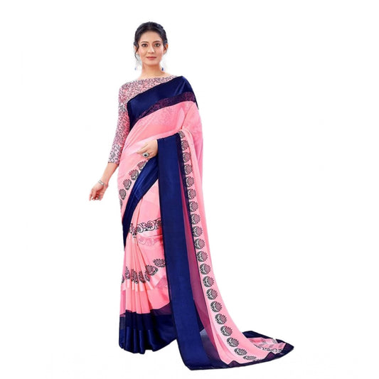 Clasymist Women's Sattin Patta Printed Saree With Unstitched Blouse (Pink, 5-5 Mtrs)