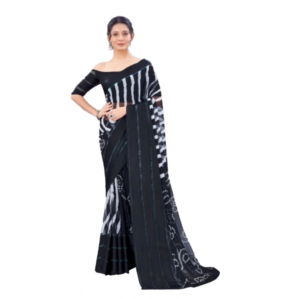 Clasymist Women's Sattin Patta Printed Saree With Unstitched Blouse (Black, 5-5 Mtrs)