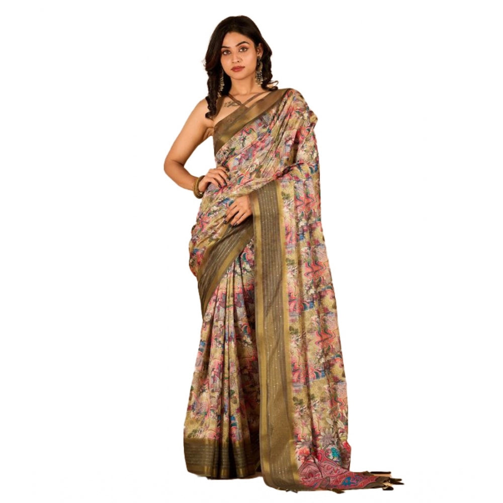 Clasymist Women's Digital Printed Saree With Unstitched Blouse (Mehendi, 5-5 Mtrs)