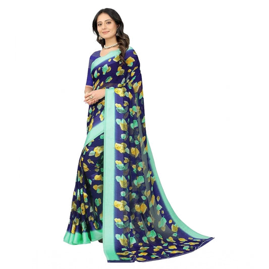 Clasymist Women's Sattin Patta Printed Saree With Unstitched Blouse (Blue, 5-5 Mtrs)