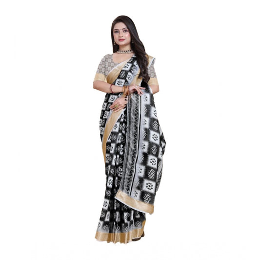 Clasymist Women's Linen Printed Saree With Unstitched Blouse (Black, 5-5 Mtrs)