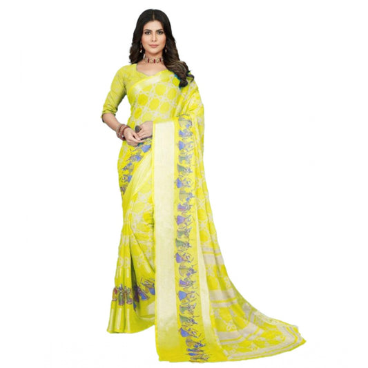 Clasymist Women's Moss Chiffon Printed Saree With Unstitched Blouse (Yellow, 5-5 Mtrs)