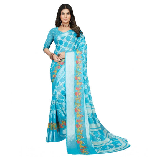 Clasymist Women's Moss Chiffon Printed Saree With Unstitched Blouse (Sky Blue, 5-5 Mtrs)