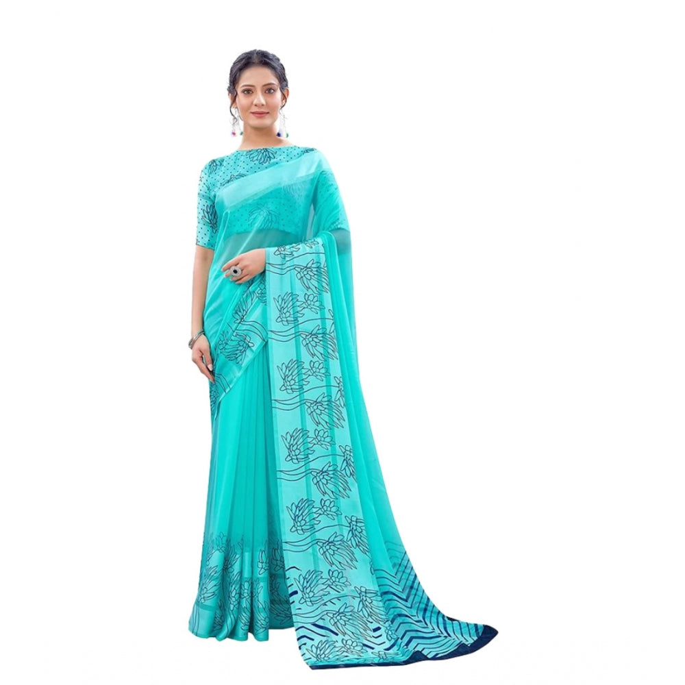 Clasymist Women's Sattin Patta Printed Saree With Unstitched Blouse (Skyblue, 5-5 Mtrs)