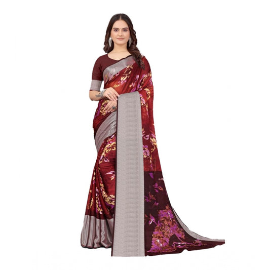 Clasymist Women's Chiffon Printed Saree With Unstitched Blouse (Maroon, 5-5 Mtrs)