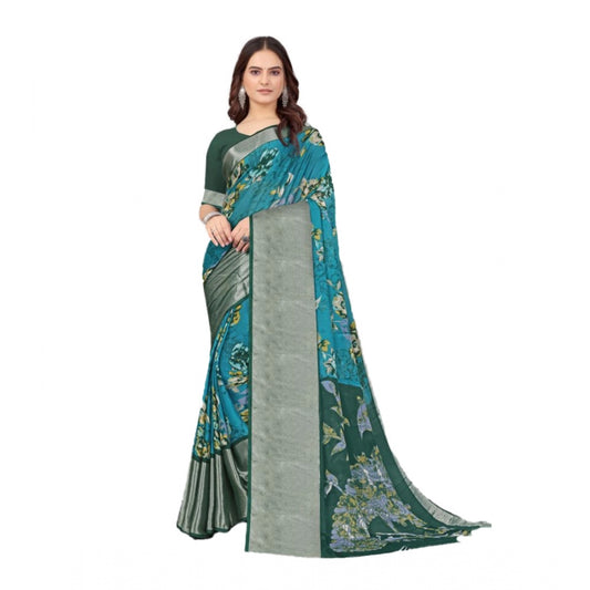 Clasymist Women's Chiffon Printed Saree With Unstitched Blouse (Sky Blue, 5-5 Mtrs)