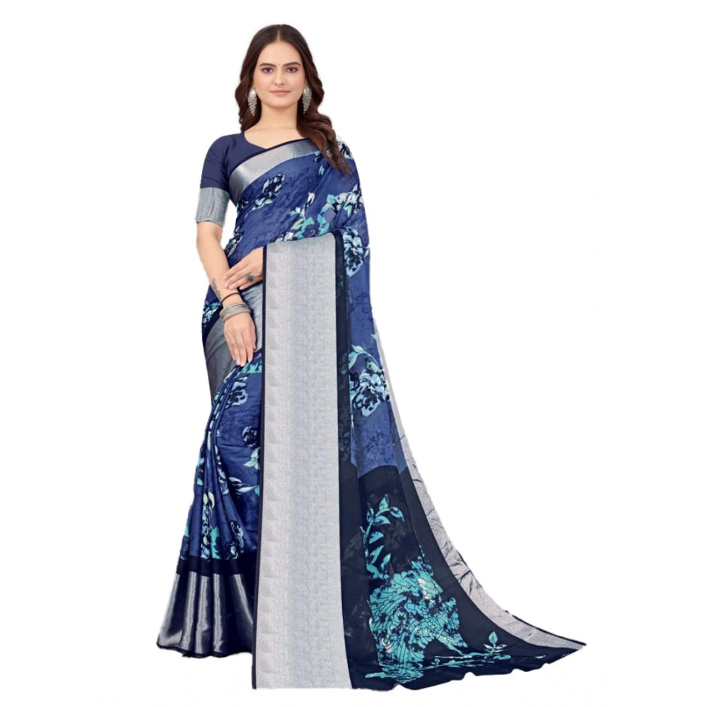 Clasymist Women's Chiffon Printed Saree With Unstitched Blouse (Navy Blue, 5-5 Mtrs)