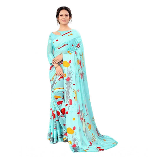 Clasymist Women's Sattin Patta Printed Saree With Unstitched Blouse (Skyblue, 5-5 Mtrs)