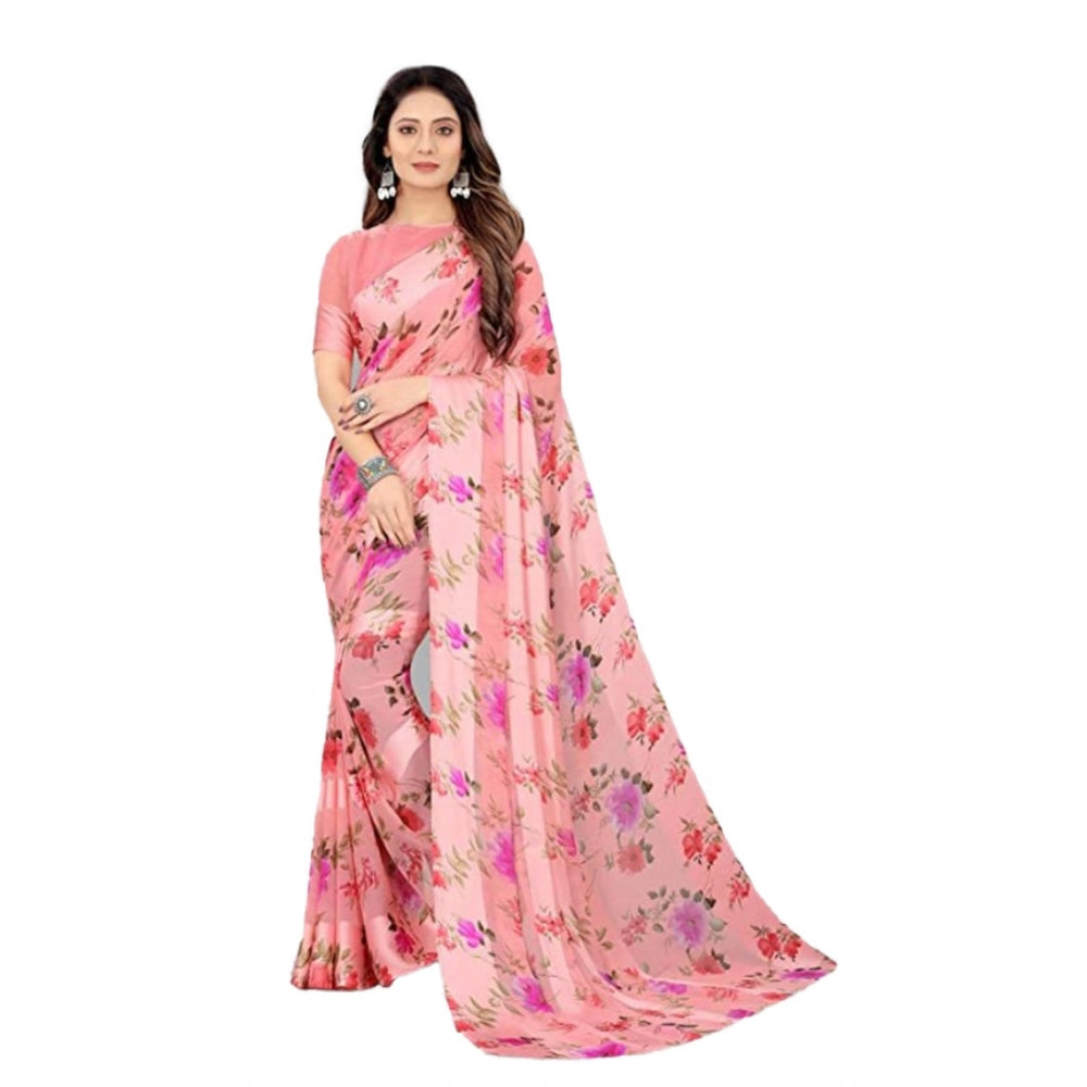 Clasymist Women's Sattin Patta Printed Saree With Unstitched Blouse (Pink, 5-5 Mtrs)