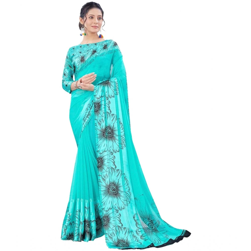 Clasymist Women's Sattin Patta Printed Saree With Unstitched Blouse (Teal, 5-5 Mtrs)