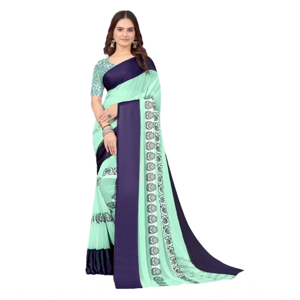 Clasymist Women's Sattin Patta Printed Saree With Unstitched Blouse (Blue, 5-5 Mtrs)