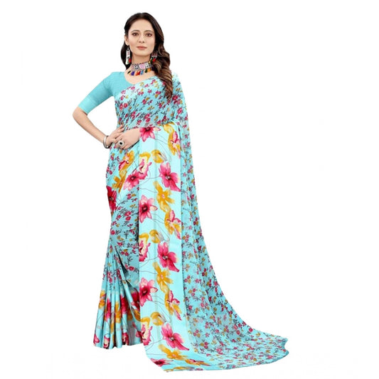 Clasymist Women's Sattin Patta Printed Saree With Unstitched Blouse (Blue, 5-5 Mtrs)