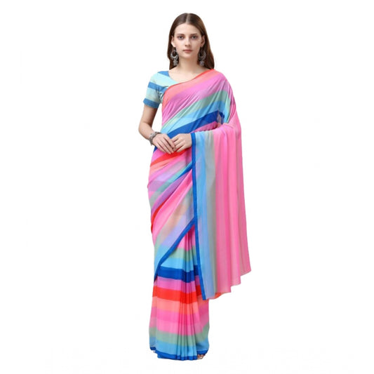 Clasymist Women's Georgette Striped Saree With Unstitched Blouse (Multicolor, 5-5 Mtrs)