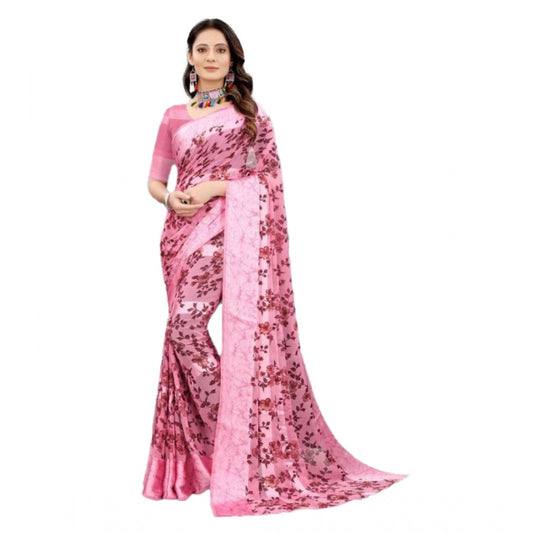 Clasymist Women's Sattin Patta Printed Saree With Unstitched Blouse (Pink, 5-5 Mtrs)